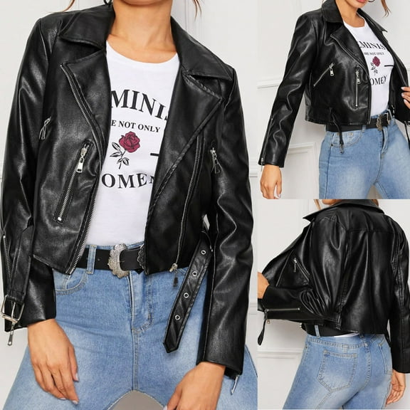 QATAINLAV Women's Faux Leather Jackets Casual Long Sleeve Zip Up Motorcycle Cropped Jackets Slim Moto Biker Outwear, Black, S