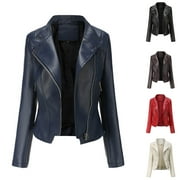 QATAINLAV Womens Faux Leather Moto Biker Short Jacket Outdoor Long Sleeve Zip Lapel Motorcycle Coat, Beige, L
