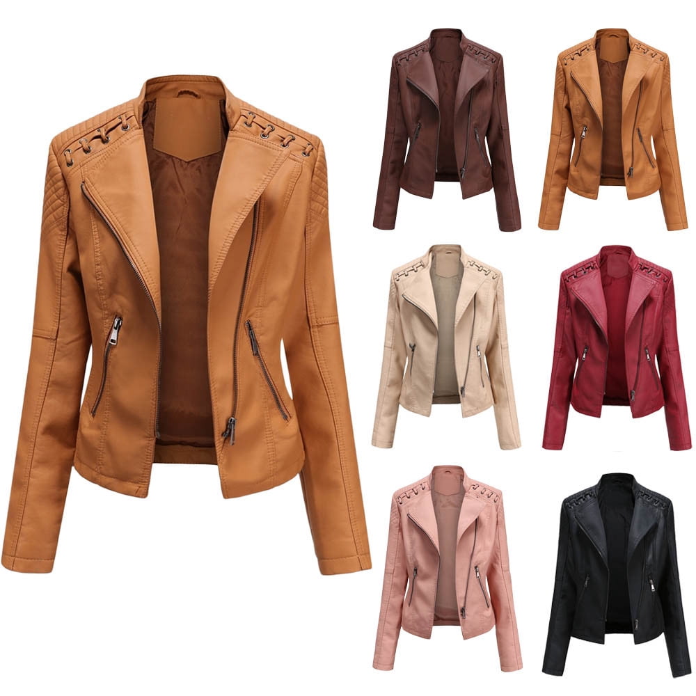 QATAINLAV Women's Faux Leather Moto Jacket Casual Short Solid Color Biker Coat Fall Winter Long Sleeve Zip Up Jackets with Pockets, Black, XXXL