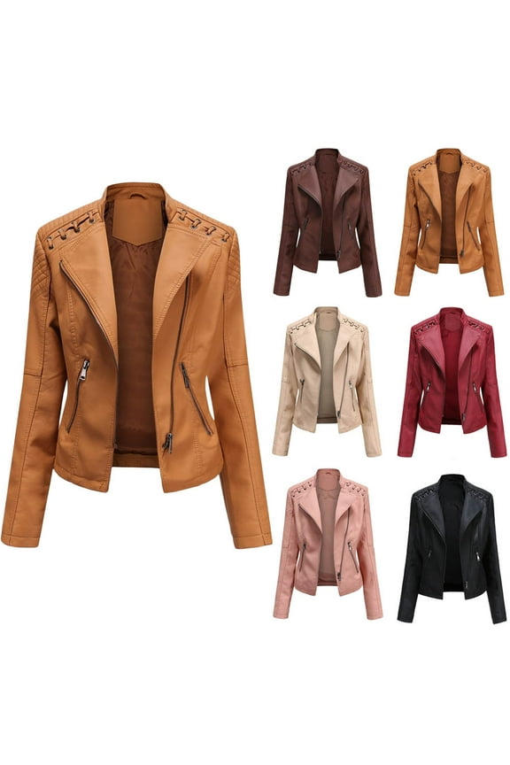 Women's Faux Leather Moto Jacket Casual Short Solid Color Biker Coat Fall Winter Long Sleeve Zip Up Jackets with Pockets, Khaki, XXL