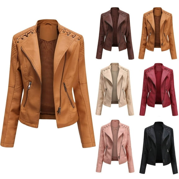 QATAINLAV Women's Faux Leather Moto Jacket Casual Short Solid Color Biker Coat Fall Winter Long Sleeve Zip Up Jackets with Pockets, Khaki, XXXXL