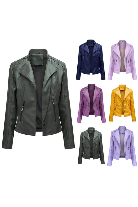 Women's Faux Leather Moto Jacket Casual Short Solid Color Biker Coat Ladies Zip Up Open Front Lapel Motorcycle Outwear with Pockets, Army Green, L