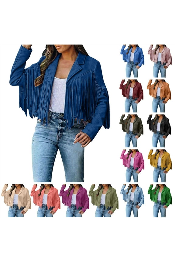 Women's Faux Suede Fringe Jacket Casual Open Front Cropped Moto Biker Jackets Vintage Tassel Cardigans Coat Going Out Tops, Khaki, XXL