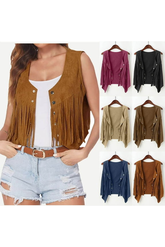 Women's Faux Suede Tassel Vest Vintage 70s Fringe Hippie Cropped Outerwear Sleeveless Casual Button Open Front Cardigan Jackets, Navy, S