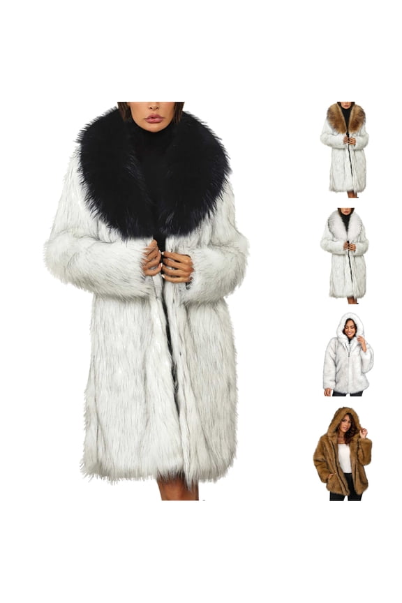 Women's Faux fur Hoodie Jacket Warm Fleece Overcoat Solid Color Shaggy Winter Coat Hooded Outerwear, Brown, S