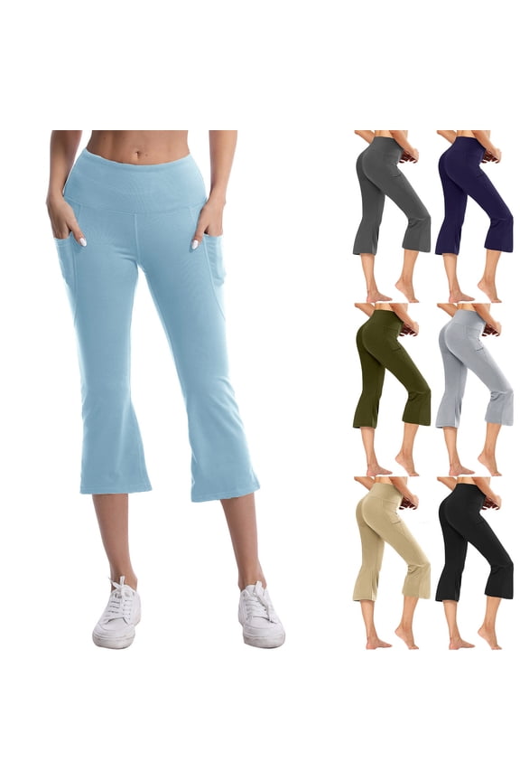 Women's Flare Capri Leggings with Pockets Tummy Control High Waisted Bootcut Yoga Pants Solid Color Workout Legging Cropped Pants Light Blue XXXL Sales of The Week