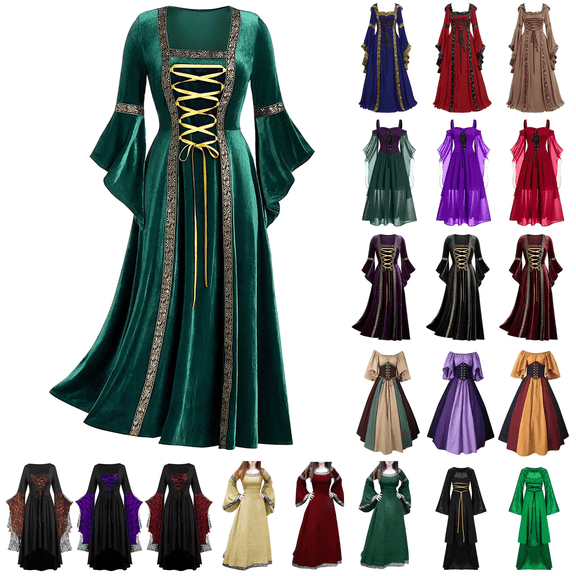 QATAINLAV Women's Flare Sleeve Renaissance Dress Halloween Cosplay Costume Victorian Dress Floor Length Velvet Lace Up Dress, Purple, L, Gifts for Mom