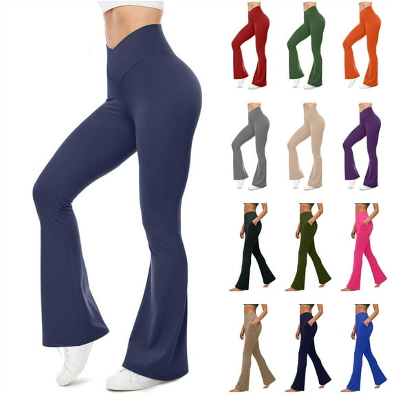QATAINLAV Women's Flare Yoga Pants Casual V Crossover High Waisted Workout Leggings Solid Color Tummy Control Bootcut Tight Pants Beige S