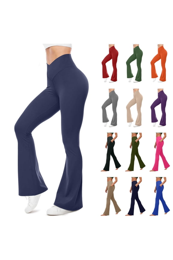 Women's Flare Yoga Pants Casual V Crossover High Waisted Workout Leggings Solid Color Tummy Control Bootcut Tight Pants Beige S
