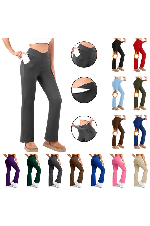 Women's Fleece Lined Leggings Casual Crossover Waist Yoga Pants with Pockets Winter Thermal Warm Bell Bottom Trousers, Red, XL