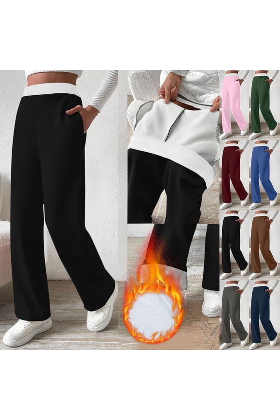 Women's Fleece Lined Leggings Casual High Waisted Wide Leg Trousers Color Block Athletic Pants with Pockets, Pink, XXL