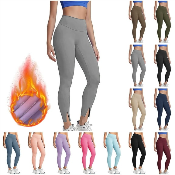 QATAINLAV Women's Fleece Lined Leggings Casual Stretchy Side Slits Bottom Tights Winter Gym Workout Yoga Pants, Gray, M