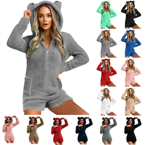 QATAINLAV Women's Fleece Pajamas Hooded Long Sleeve Fluzzy Onesie Jumpsuit Winter Warm Plush Cute Bear Ear Cap Romper Short Sleepwear Sales Today Pink L