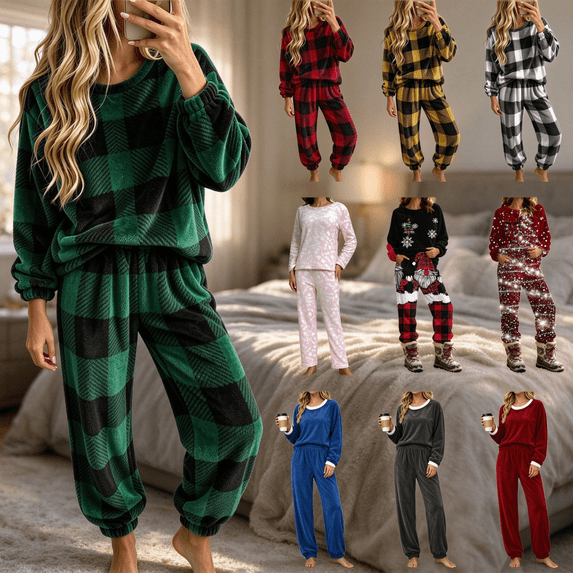 QATAINLAV Women's Fleece Pajamas Winter Warm Plush Pajama 2 Piece Set Fashion Plaid Fluffy Sleepwear