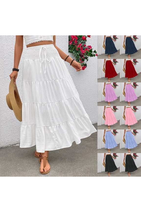 Women's Flowy Flared Ruffle Hem A Line Maxi Skirts Drawstring Elastic Waist Tiered Layer Boho Long Skirts Navy M