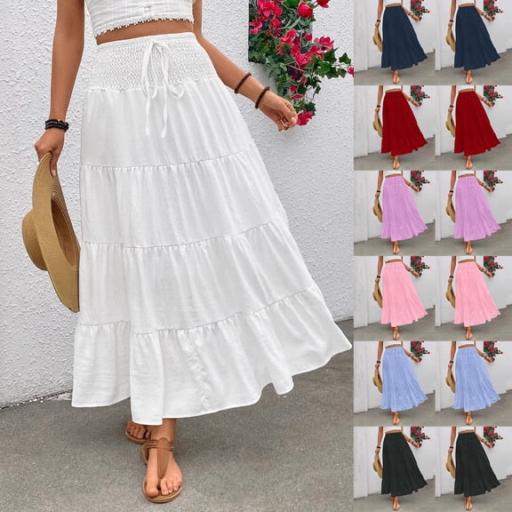 QATAINLAV Women's Flowy Flared Ruffle Hem A Line Maxi Skirts Drawstring Elastic Waist Tiered Layer Boho Long Skirts Pink L