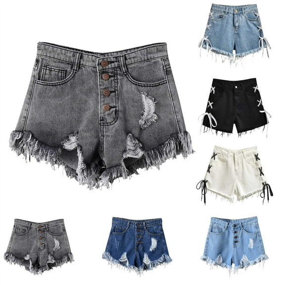 QATAINLAV Women's Frayed Denim Shorts Casual Side Lace Up Mini Hot Pants High Waisted Booty Destroyed Short Jeans Clubwear White XXXXXL Gifts for Mom