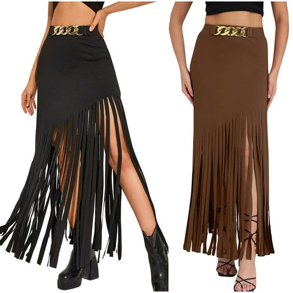 QATAINLAV Women's Fringe Maxi Skirts Asymmetrical Hem Tassel High Waist Long Pencil Skirt Festival Party Steampunk Skirt, Khaki, XXL,