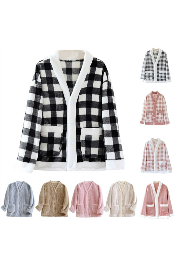 Women's Fuzzy Fleece Lounge Tops Thermal Warm Bed Jacket Button Down Long Sleeve Fluffy Sleepwear Winter Clothes, Pink, XL