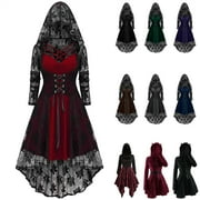 QATAINLAV Women's Gothic Plaid Dress Long Sleeve Hooded Asymmetrical Hem Corset Dresses Vintage Punk Rock Halloween Costume, Black, XL