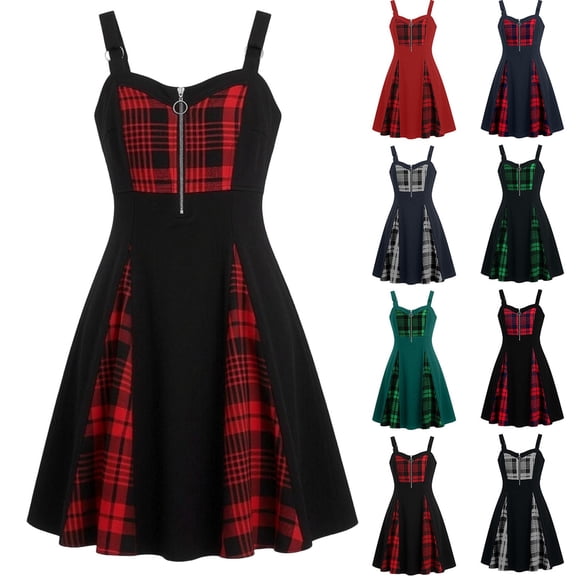 QATAINLAV Women's Gothic Plaid Mini Dress O-Ring Front Zip A-Line Gothic Dresses Halloween Cosplay Costume