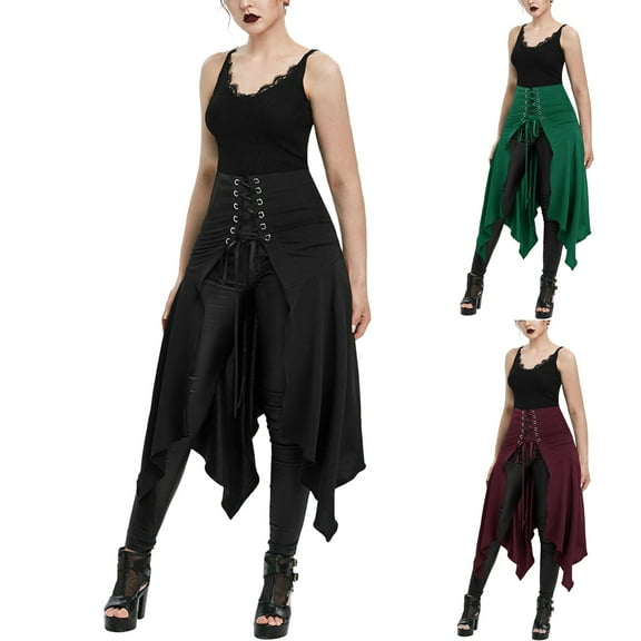 QATAINLAV Women's Gothic Skirts High Waisted Lace Up Split Skirt Asymmetrical Hem Steampunk Midi Skirts, Wine, M