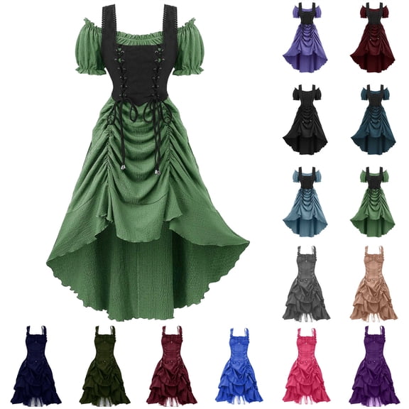 QATAINLAV Women's Gothic Steampunk Dress Renaissance Victorian Lace Up High Low Ruffled Corset Dress Halloween Pirate Costume, Green, S