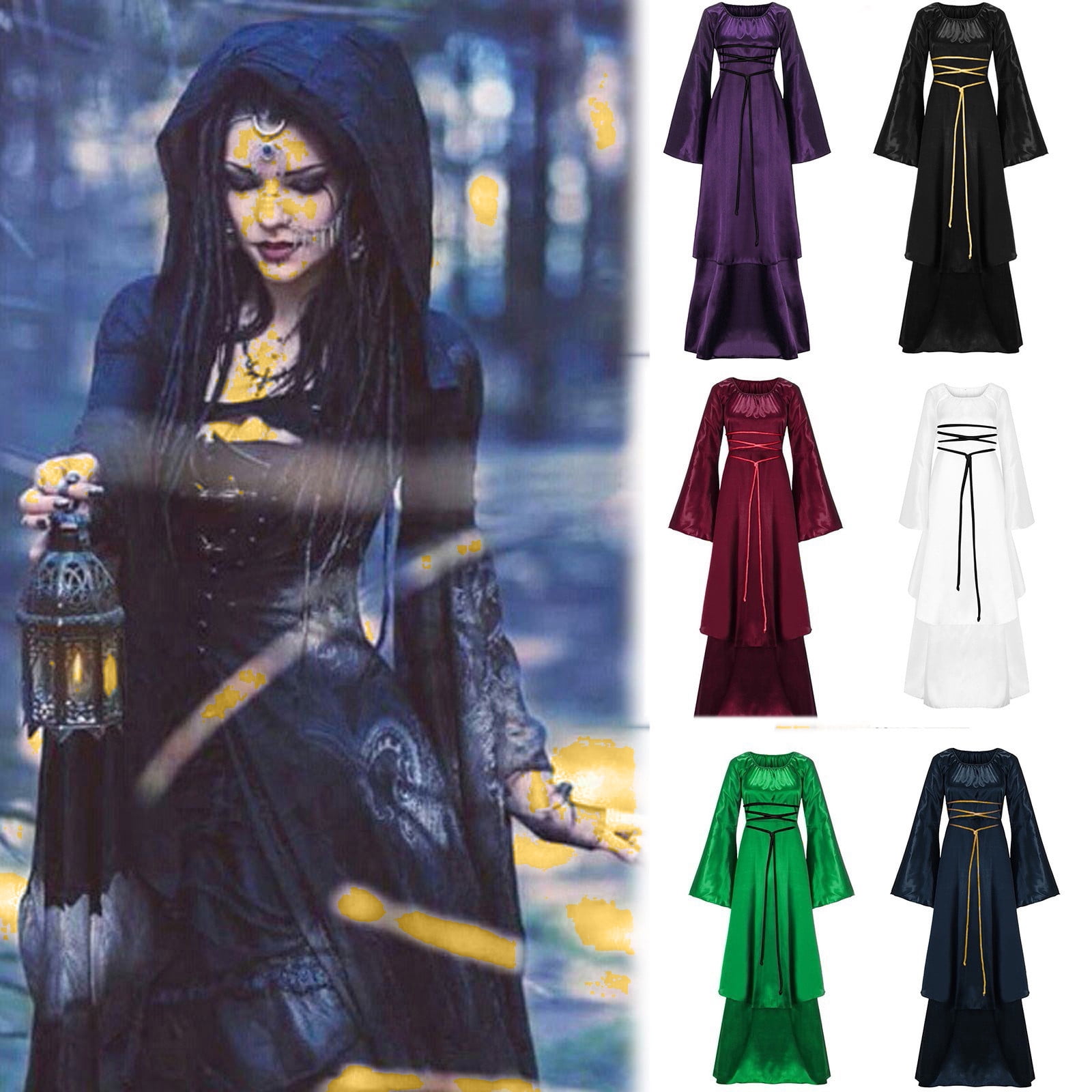 QATAINLAV Women's Gothic Victorian Witch Dress Medieval Renaissance ...