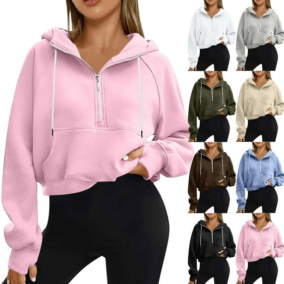 QATAINLAV Women's Half Zip Cropped Sweatshirts with Hood Solid Casual Fleece Lined Hoodies Long Sleeve Pullover Activewear Sweater Black XXL Ropa de Verano Para Mujer