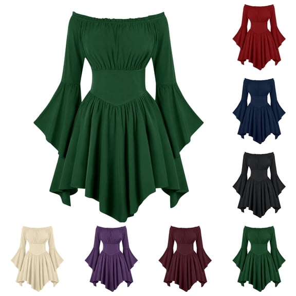 QATAINLAV Women's Halloween Dress Off Shoulder Ruffled Hem Witch Costume Solid Color Gothic Flowy Dresses Purple M