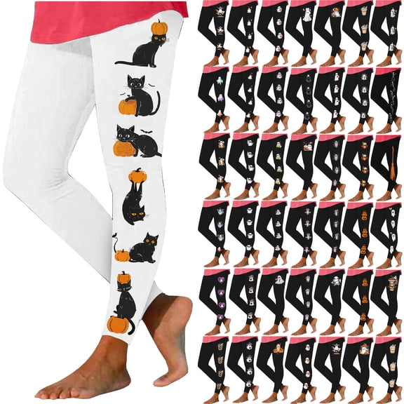 QATAINLAV Women's Halloween Leggings Trendy Ghost Pumpkin Printed High Waist Yoga Pants Stretchy Athletic Legging Trousers Black M