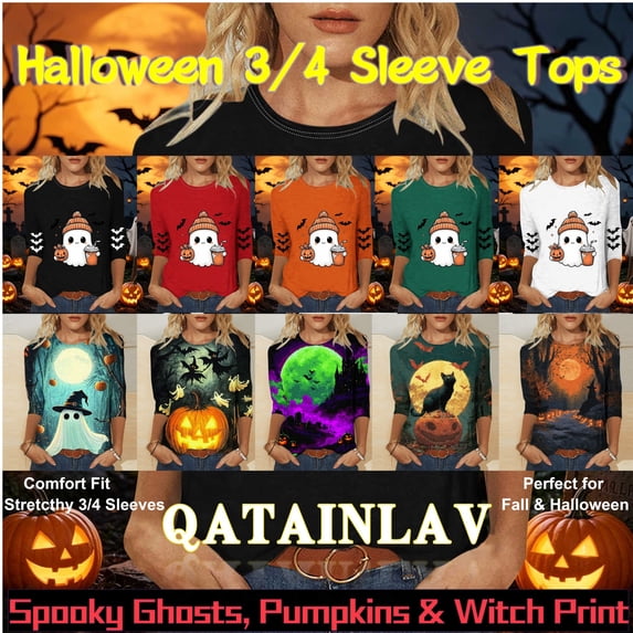 QATAINLAV Women's Halloween Shirts Loose Fit Crew Neck 3/4 Sleeve Blouses Trendy Funny Print Graphic Tees Tops Orange L