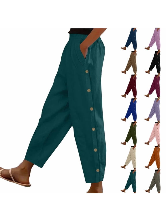 Women's High Split Snap Button Linen Pants Casual Post Surgery Lounge Yoga Pants Summer Lightweight Beach Pants with Pockets Army Green L