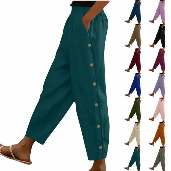 QATAINLAV Women's High Split Snap Button Linen Pants Casual Post Surgery Lounge Yoga Pants Summer Lightweight Beach Pants with Pockets Gray S