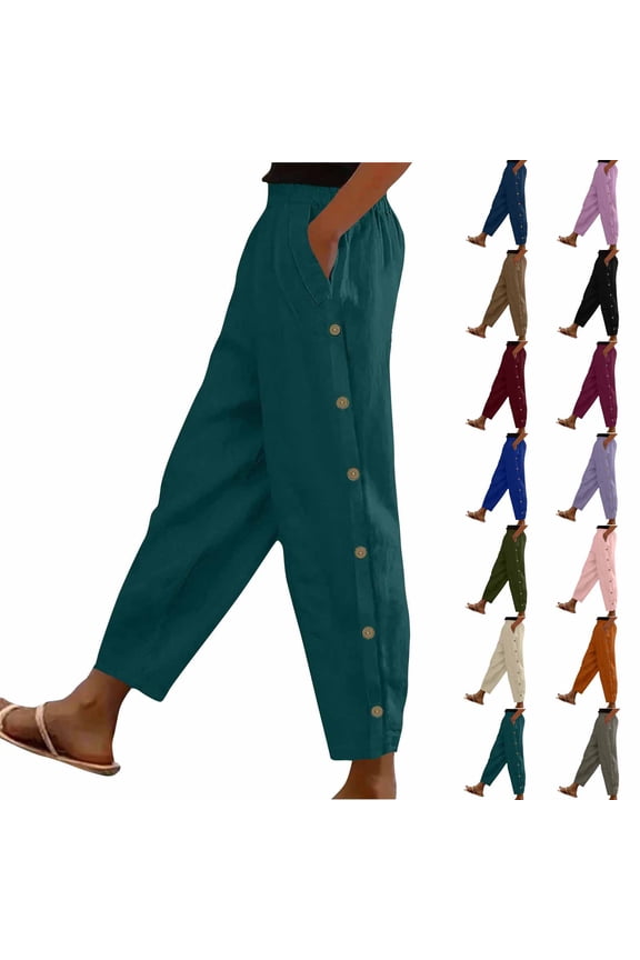 Women's High Split Snap Button Linen Pants Casual Post Surgery Lounge Yoga Pants Summer Lightweight Beach Pants with Pockets Gray S
