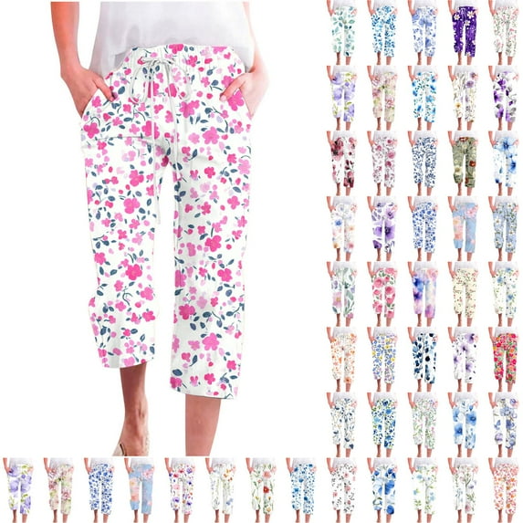 QATAINLAV Women's High Waist Cropped Yoga Pants Summer Casual Drawstring Straight Linen Capri Pants Fashion Floral Print Capris Pants with Pockets Multicolor XXL Sales of The Week