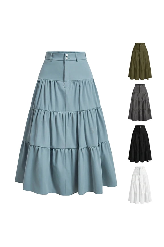 Women's High Waist Tiered Midi Skirt Flowy Ruffle Beach Vacation A-Line Skirts Work Solid Casual Summer Clothes Black S