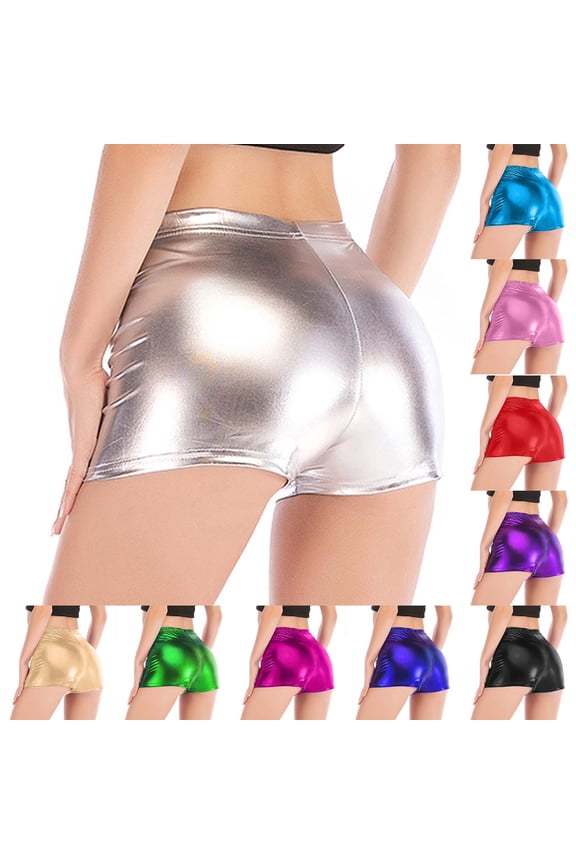 Women's High Waisted Booty Shorts Solid Color Shiny Bottoms Summer Dance Party Festival Hot Pants Gold XL