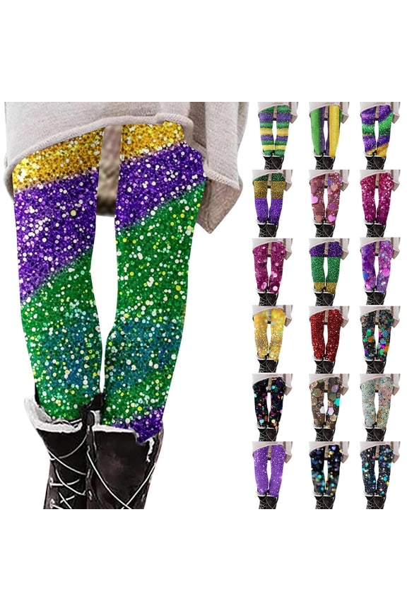 Women's High Waisted Tummy Control Workout Leggings Mardi Gras Glitter Print Legging Pants Gym Slim Fit Tight Yoga Pants Multicolor M