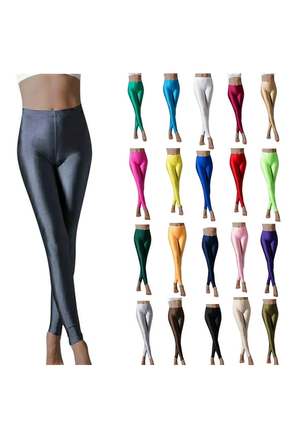 Women's High Waisted Yoga Pants Shiny Satin Glossy Tummy Control Sports Tights Solid Casual Workout Leggings Orange S Prime Sales Today Clearance