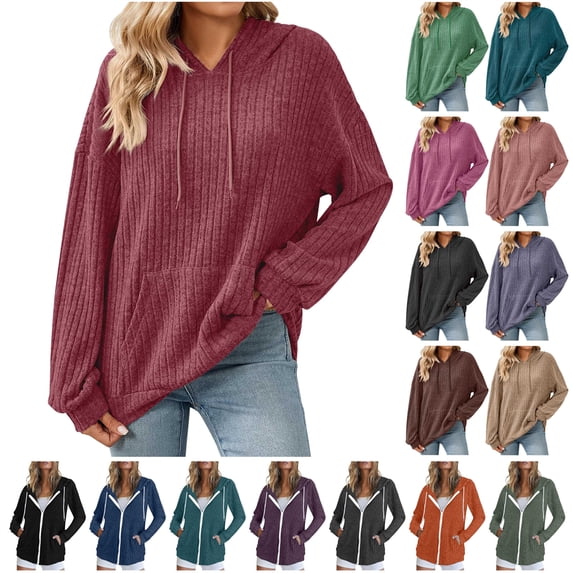 QATAINLAV Women's Hoodies Ribbed Knit Casual Pullover Tunic Tops Long Sleeve Drawstring Hooded Sweatshirts with Pocket Fall Clothes, Blue, XXL