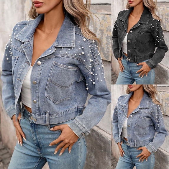 QATAINLAV Women's Jean Jacket with Pearls Casual Studded Long Sleeve Western Distressed Denim Cropped Coat with Pockets Black S