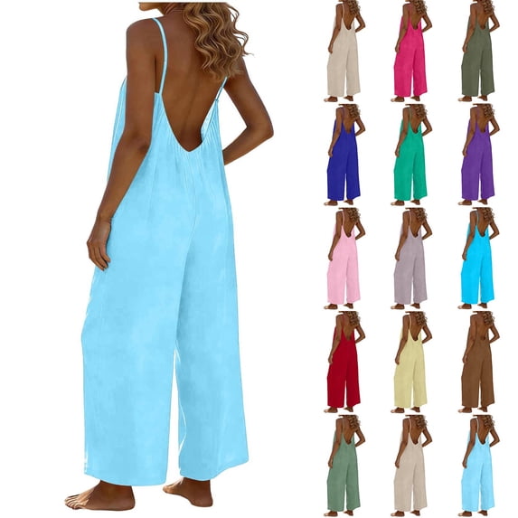 QATAINLAV Women's Jumpsuits, Rompers & Overalls, Casual Plus Size Cotton Linen Jumpsuit Short Sleeve V Neck Romper Solid Wide Leg One Piece Pants Ofertas de Hoy en Liquidación Red M