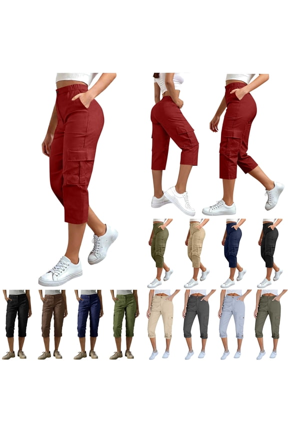 Women's Knee Length Cargo Shorts Multi Pockets Casual High Waisted Straight Leg Capri Pants Summer Vacation Long Shorts, Beige, M