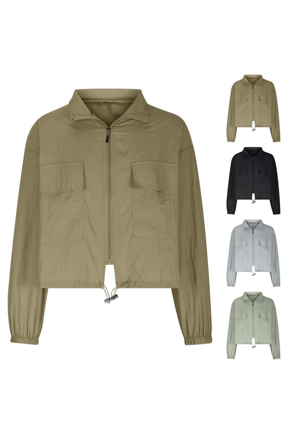 Women's Lightweight Cropped Jackets Long Sleeve Zip Up Cropped Cargo Windbreaker Drawstring Waistband Coat with Pockets, Green, S