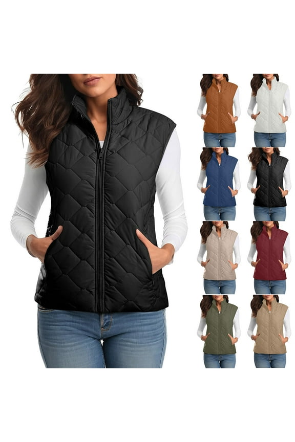 Women's Lightweight Sleeveless Winter Jackets Casual Stand Collar Quilted Puffer Vest Zip up Warm Coats with Pockets, Beige, M