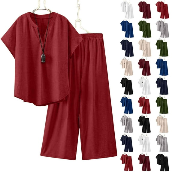 QATAINLAV Women's Linen 2 Pieces Sets Casual Crew Neck Tiered Patchwork 3/4 Sleeve T Shirts and Wide Leg Beach Pants Matching Set Red XXXXXL Gifts for Mom
