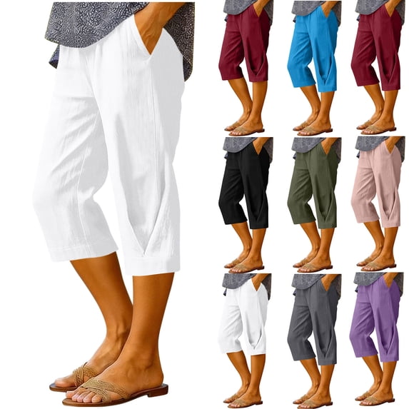 QATAINLAV Women's Linen Capris Side Pleated Elastic Waist Capri Pants Solid Business Casual Cropped Toursers with Pockets Pink M