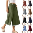 thumbnail image 1 of QATAINLAV Women's Linen Culottes Wide Leg Flowy Capri Pants Cute Lace Trim Capris Casual Drawstring Summer Cropped Trousers with Pockets Wine XL, 1 of 9