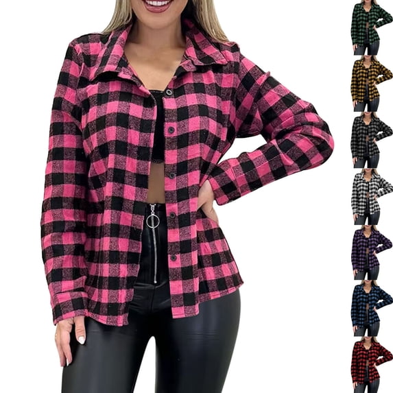 QATAINLAV Women's Long Sleeve Button Down Plaid Shirt Casual Loose Shacket Fall Fashion Blouses Tops with Pocket, Black, XL